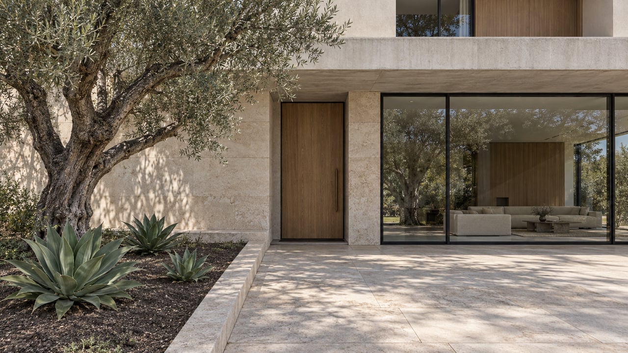 Contemporary residence with a projecting plaster upper story, limestone entry approach, enclosed glass living room and a mature olive tree.