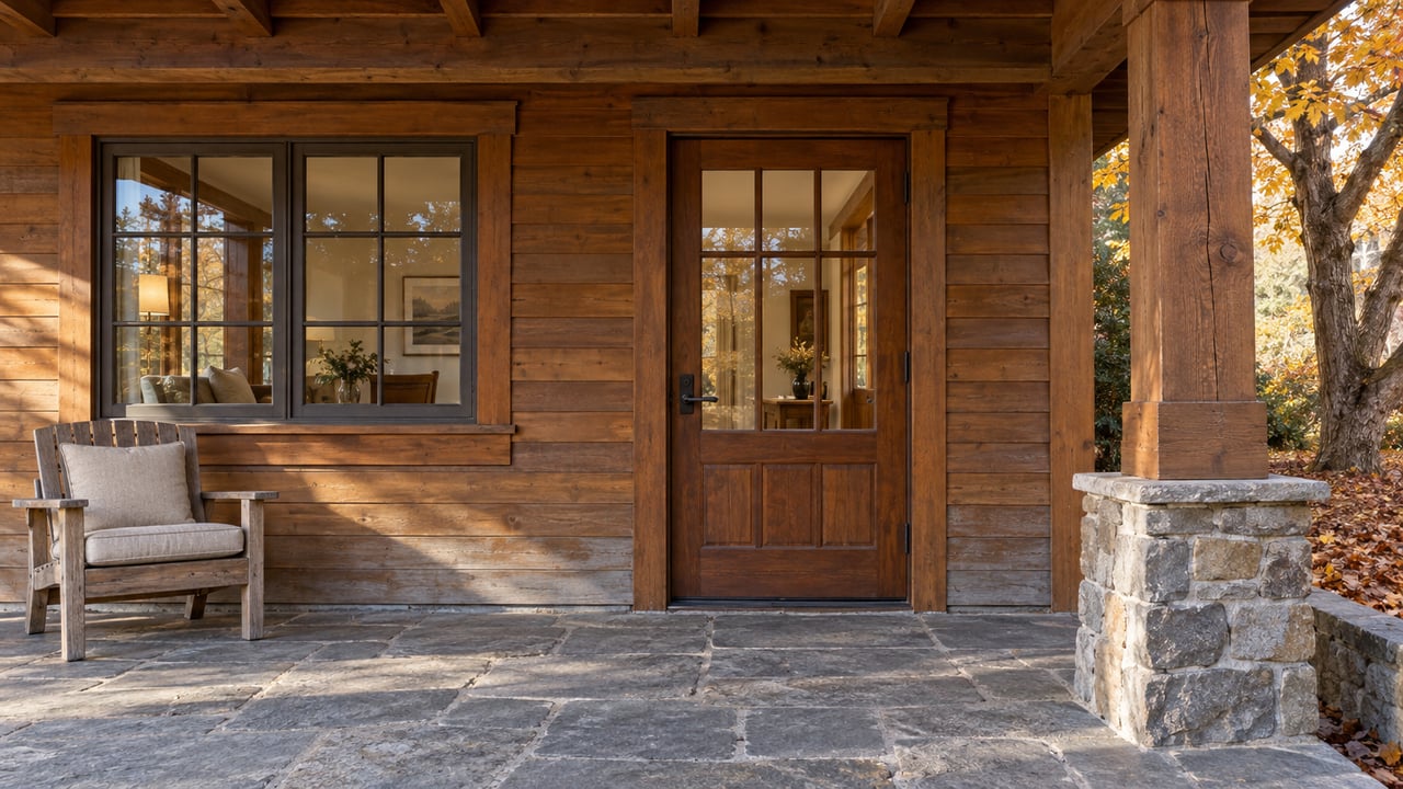 Covered timber porch with a glazed wooden front door, weathered cedar siding, flagstone paving and one oak chair beside a broad window.