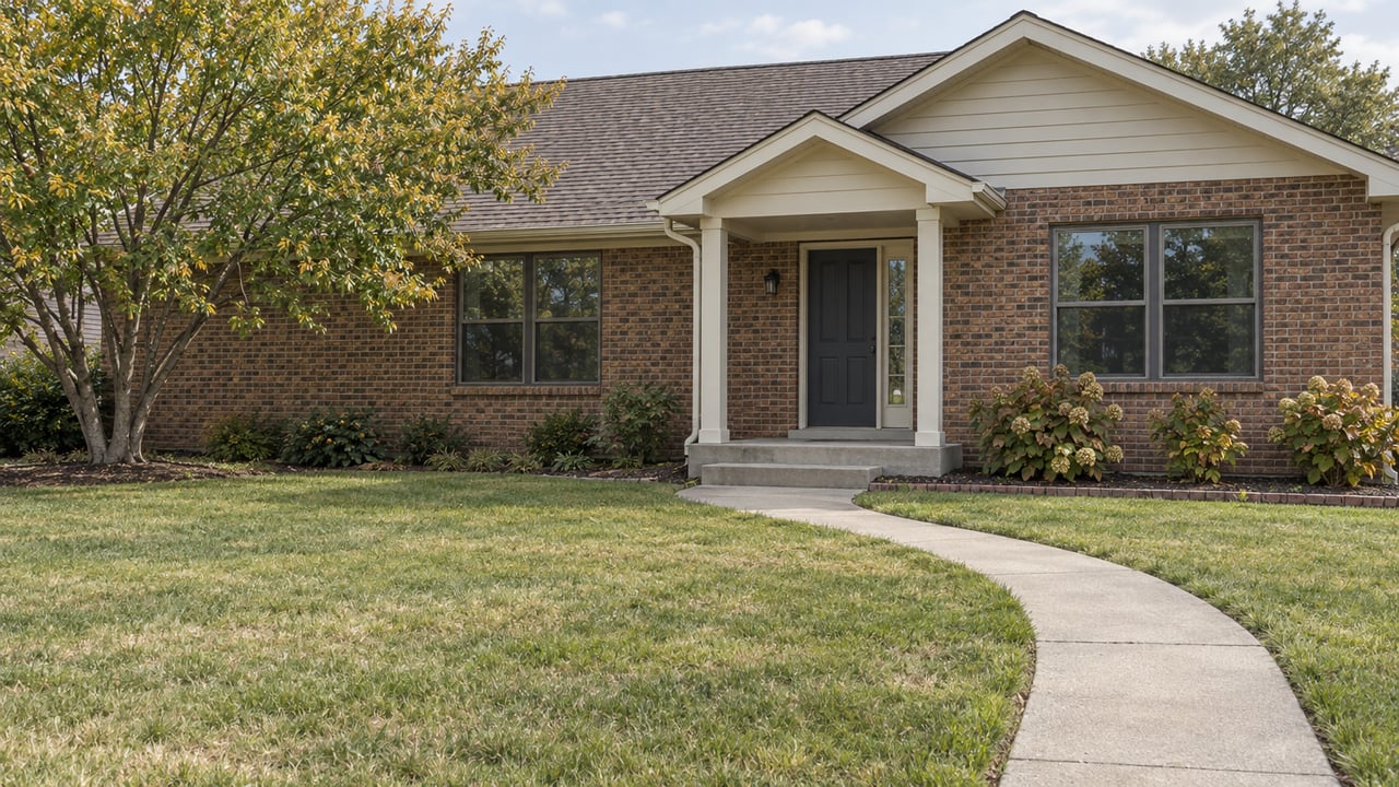 A modest brick home with cream gable siding, a covered entry porch, broad lawn, and a concrete front walk in soft afternoon light.