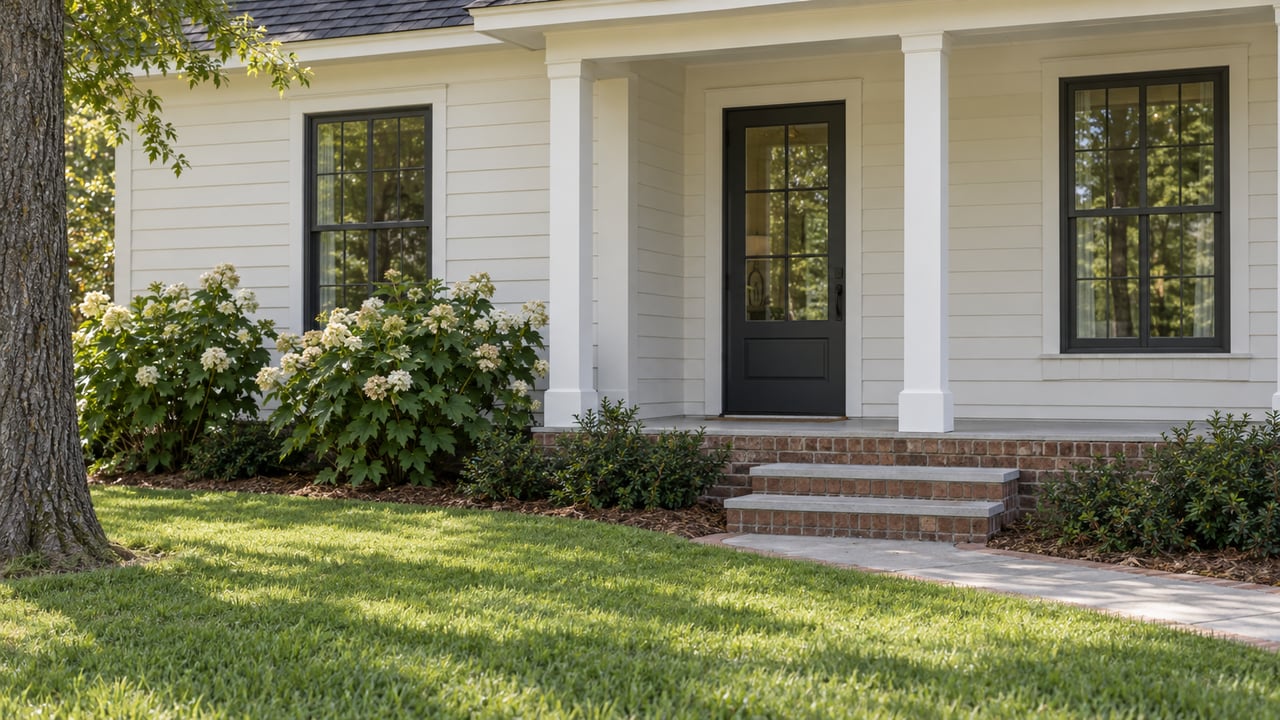 Two-story white-sided house with brick porch steps, multi-pane windows, and a broad green lawn.