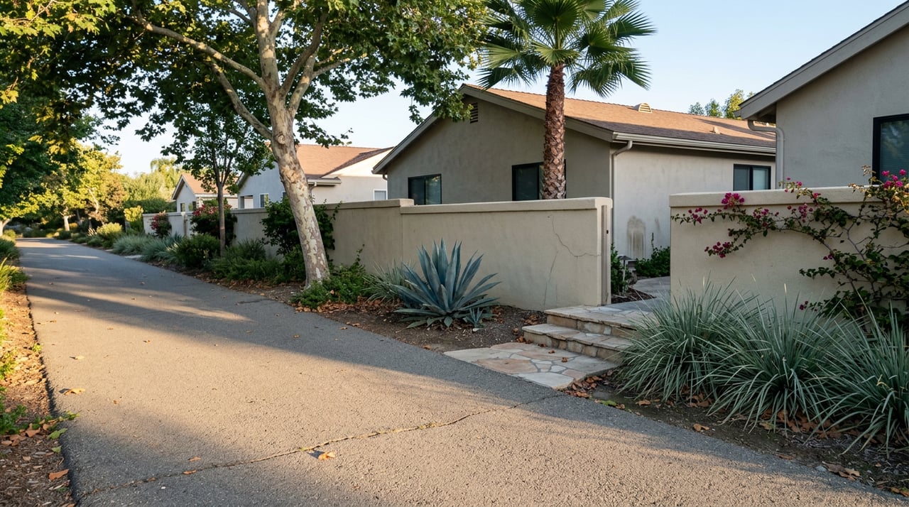 Paved greenbelt path beneath a spreading sycamore, with a stucco garden wall, agave, and magenta bougainvillea.