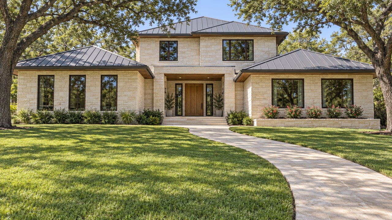 Limestone home with dark metal roofs, bronze-framed windows and a stone approach across a broad lawn beneath mature live oaks.
