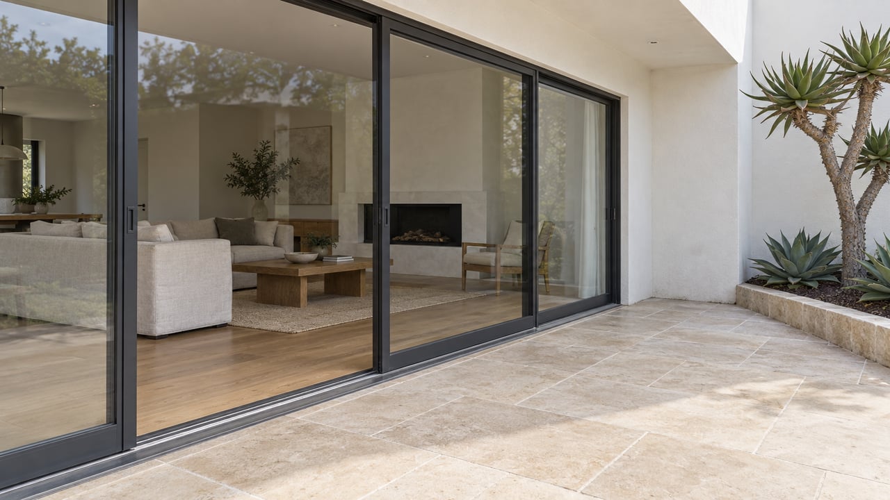 A limestone terrace beside closed dark-framed sliding glass doors, revealing a bright living room with oak floors and linen seating.