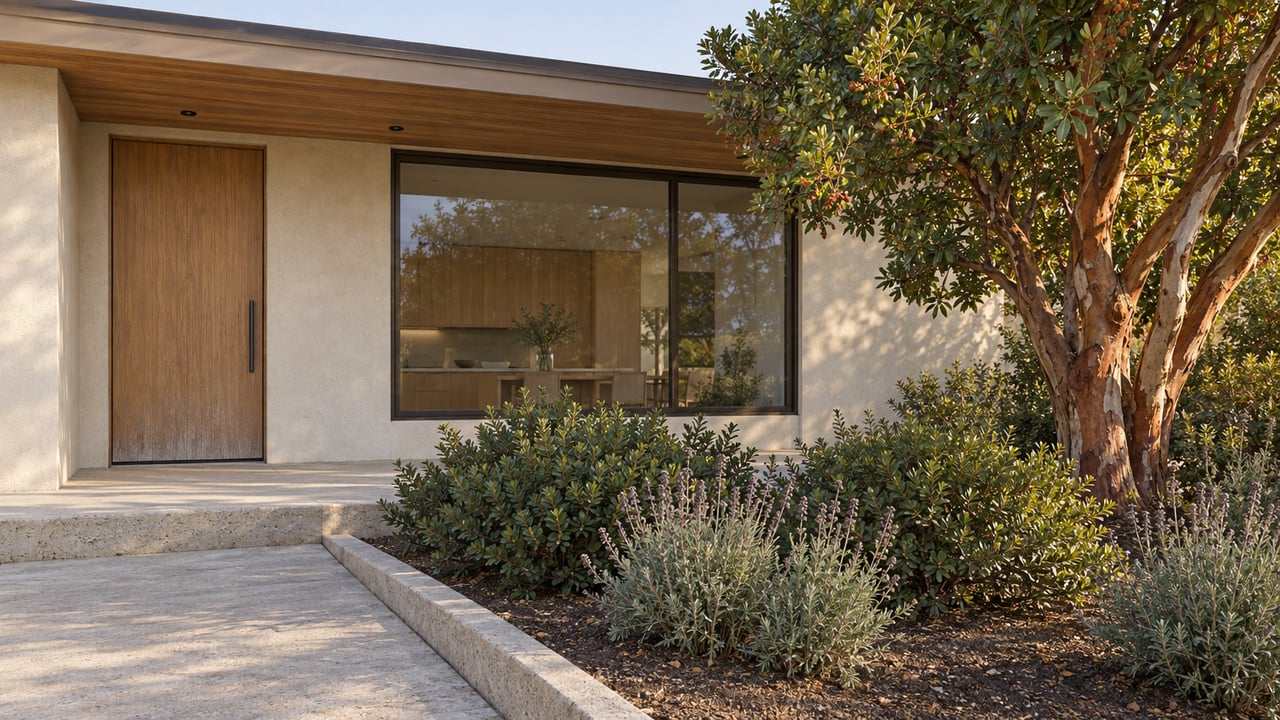 Contemporary stucco home with a cedar overhang, oak entry door and glazed window behind a planted garden and raised concrete terrace.
