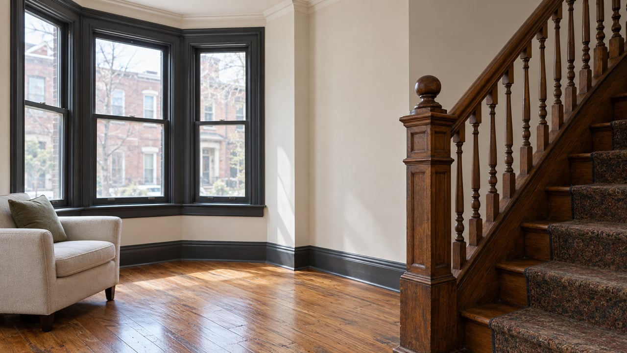 Compact parlor with a three-part bay window, honey-brown oak floor, and oak staircase.