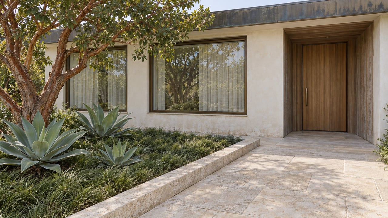 Low single-story home with ivory plaster, a recessed cedar entry, bronze-framed windows and a limestone approach beside sculptural planting.