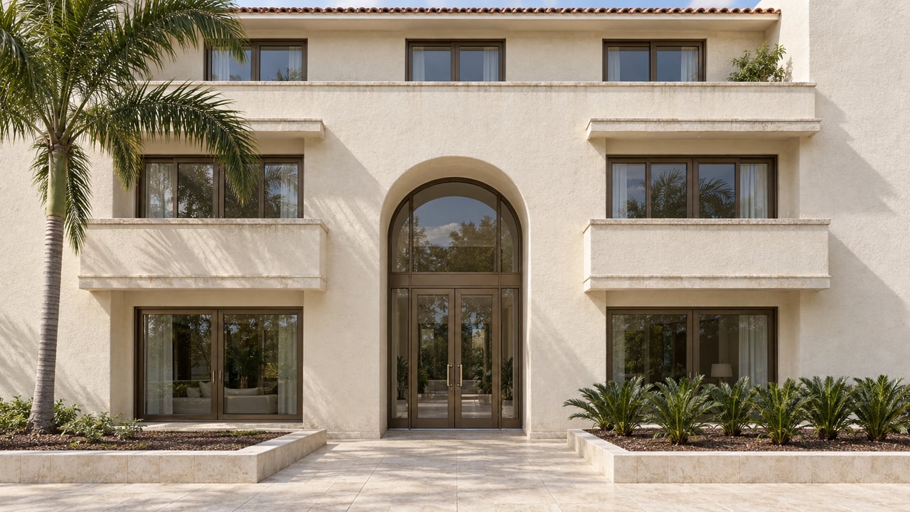 Warm ivory condominium facade with arched bronze-glazed entrance, limestone approach, shallow balconies and recessed terracotta-roofed upper floor.