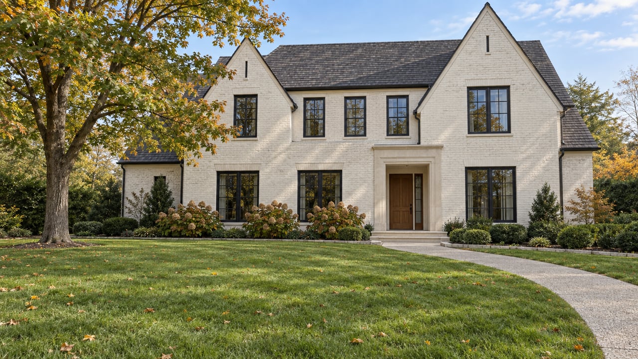 Ivory brick home beyond a deep green lawn, with a curved stone-edged walk and a mature sugar maple beginning to turn amber.