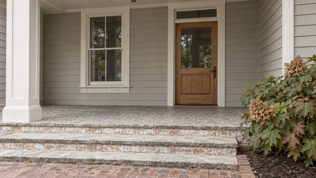 Pale lap-sided home with a deep covered porch, glazed oak entry door, limestone steps and oakleaf hydrangea beside a brick approach.