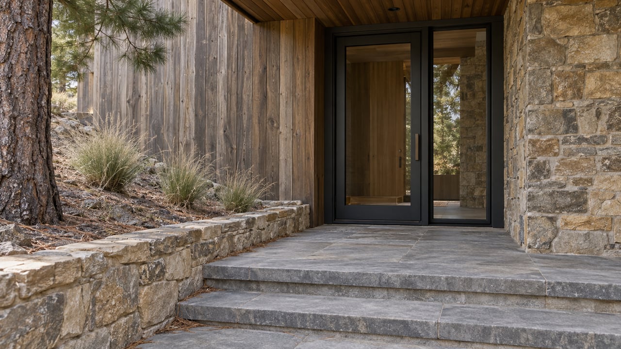 Modern home entry with a black-framed glass door, cedar and sandstone walls, and shallow stone steps.