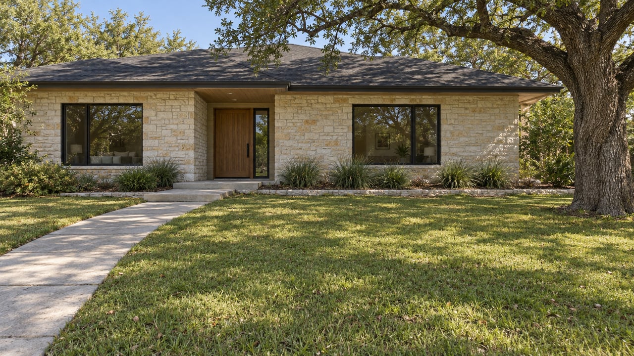 Renovated single-story limestone house behind a deep lawn, with a cedar entry, black-framed windows, and a spreading live oak.