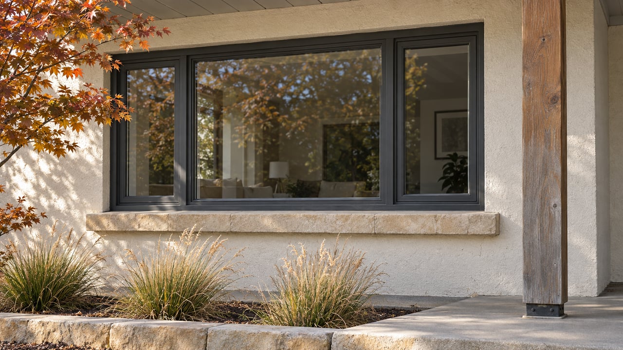 Cream stucco home with a charcoal-framed three-part window, weathered sandstone sill, cedar porch post, and copper-colored maple leaves.