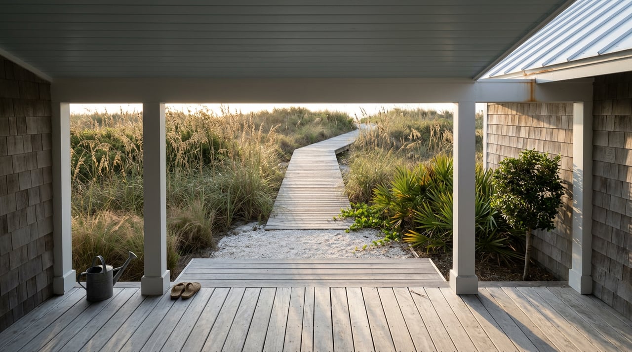 Porch steps lead to a dune boardwalk through sea oats, with woven sandals beside the top step.
