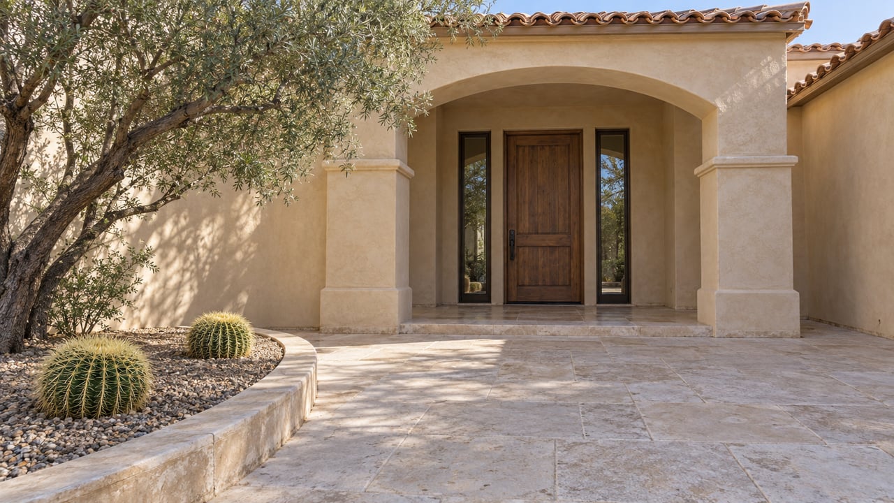 Sunlit stucco entry courtyard with a clay-tile roof, arched shaded porch, oak door, limestone paving and desert specimen planting.