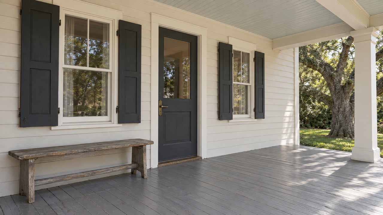 Covered cottage porch with ivory clapboards, a dark glazed entry door, paired shuttered windows and gently worn gray decking.