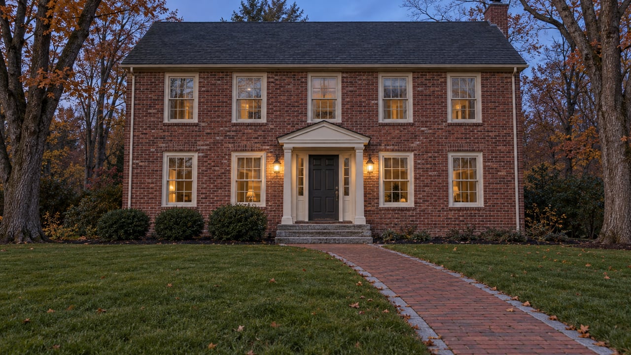 Traditional brick home at blue hour with a warm illuminated doorway, granite steps, and a brick walk crossing a broad autumn lawn.