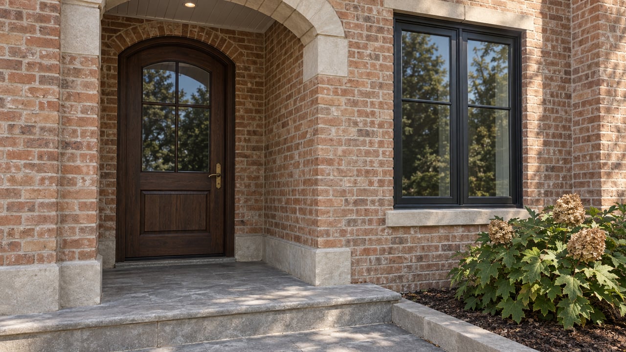 Brick attached-home entry with an arched oak door, paired casement window and limestone stoop beside an oakleaf hydrangea.