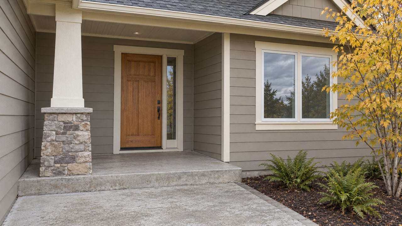 Covered entry with gray lap siding, a wood door, stone-based porch post and concrete walk beside autumn maple leaves and sword ferns.
