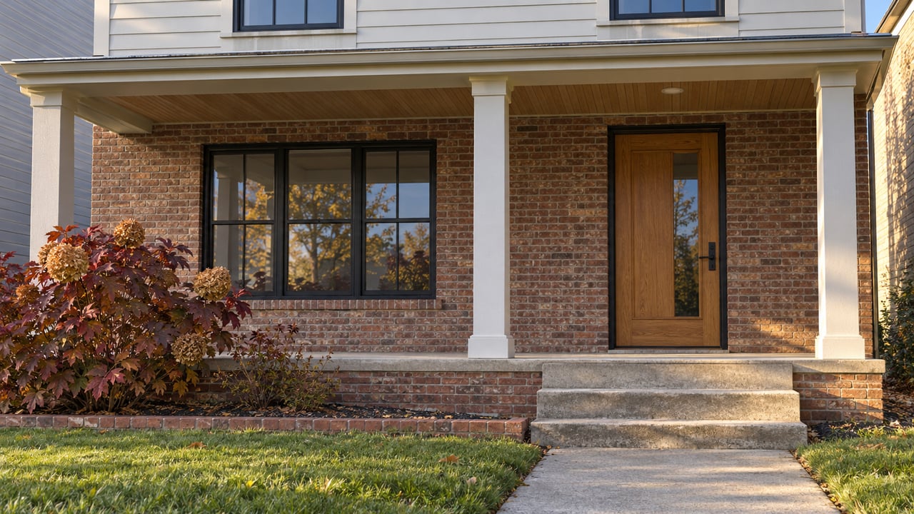 Brick and ivory-sided home with a wood entry door, black-framed windows and oakleaf hydrangea beside a covered porch.