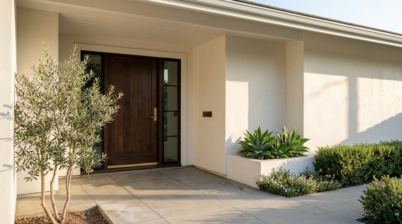 Walnut entry door with brass handle beside a silvery olive tree and agaves, opening onto a sunlit paved walk.