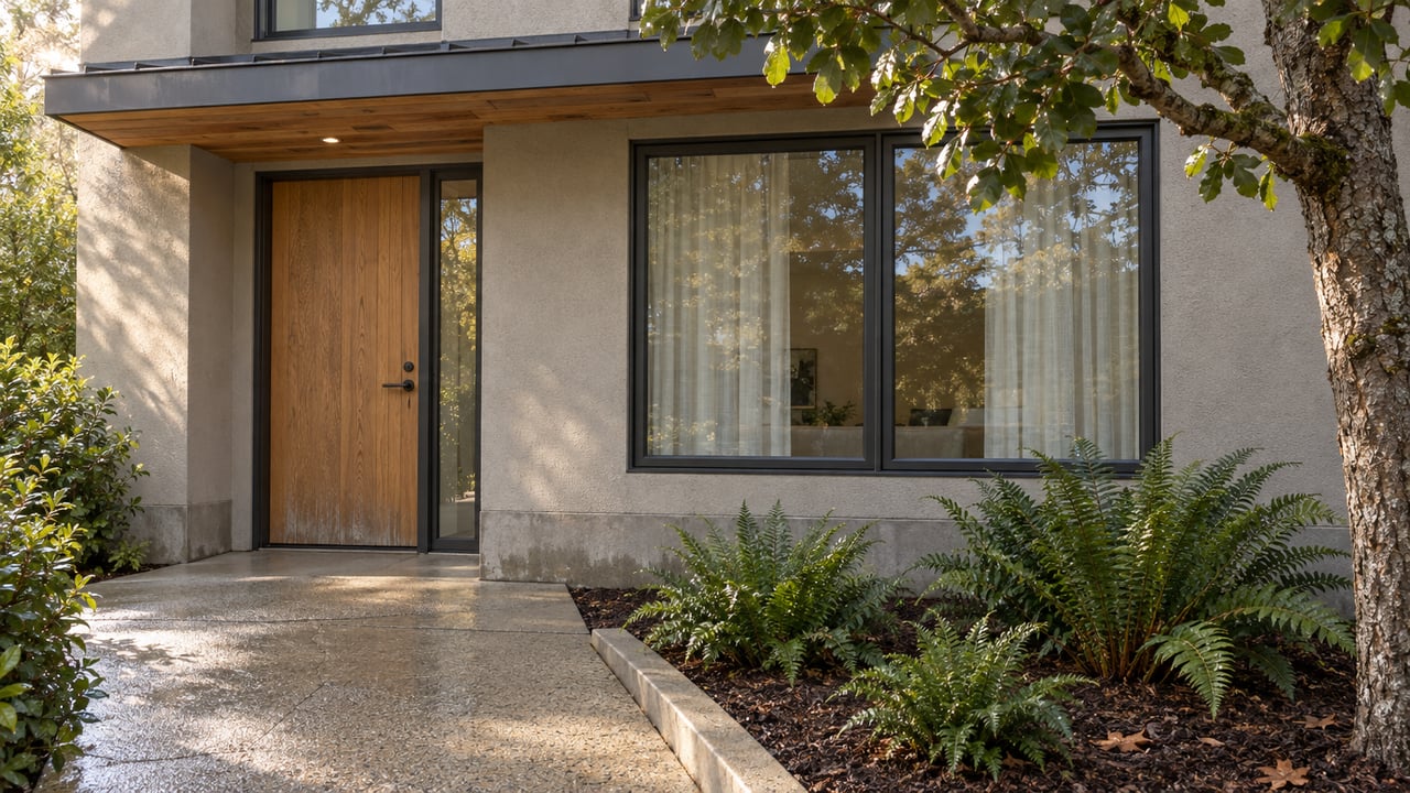 Rain-fresh concrete approach to a recessed oak front door beside a broad window, with ferns and a mature oak framing the entry.