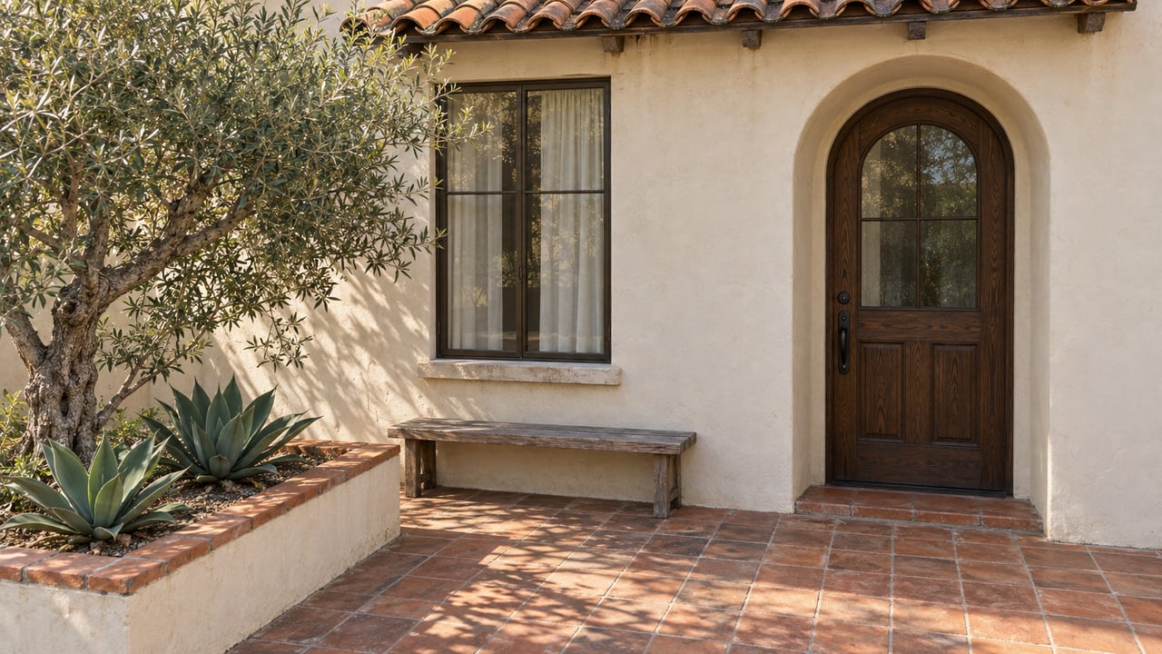 Cream stucco residential entry with an arched oak door, terracotta terrace, olive tree and two agave plants.