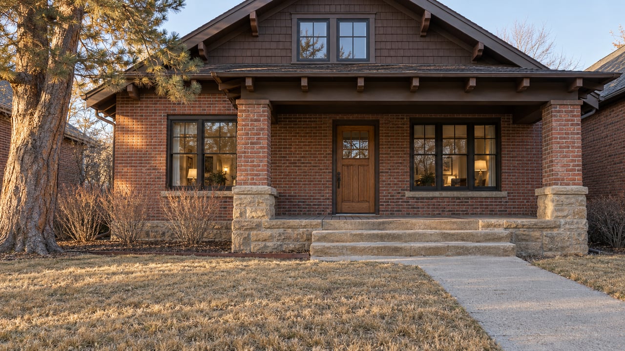 Brick gabled home with a sandstone porch, warm windows and a dormant front garden in late-afternoon light.
