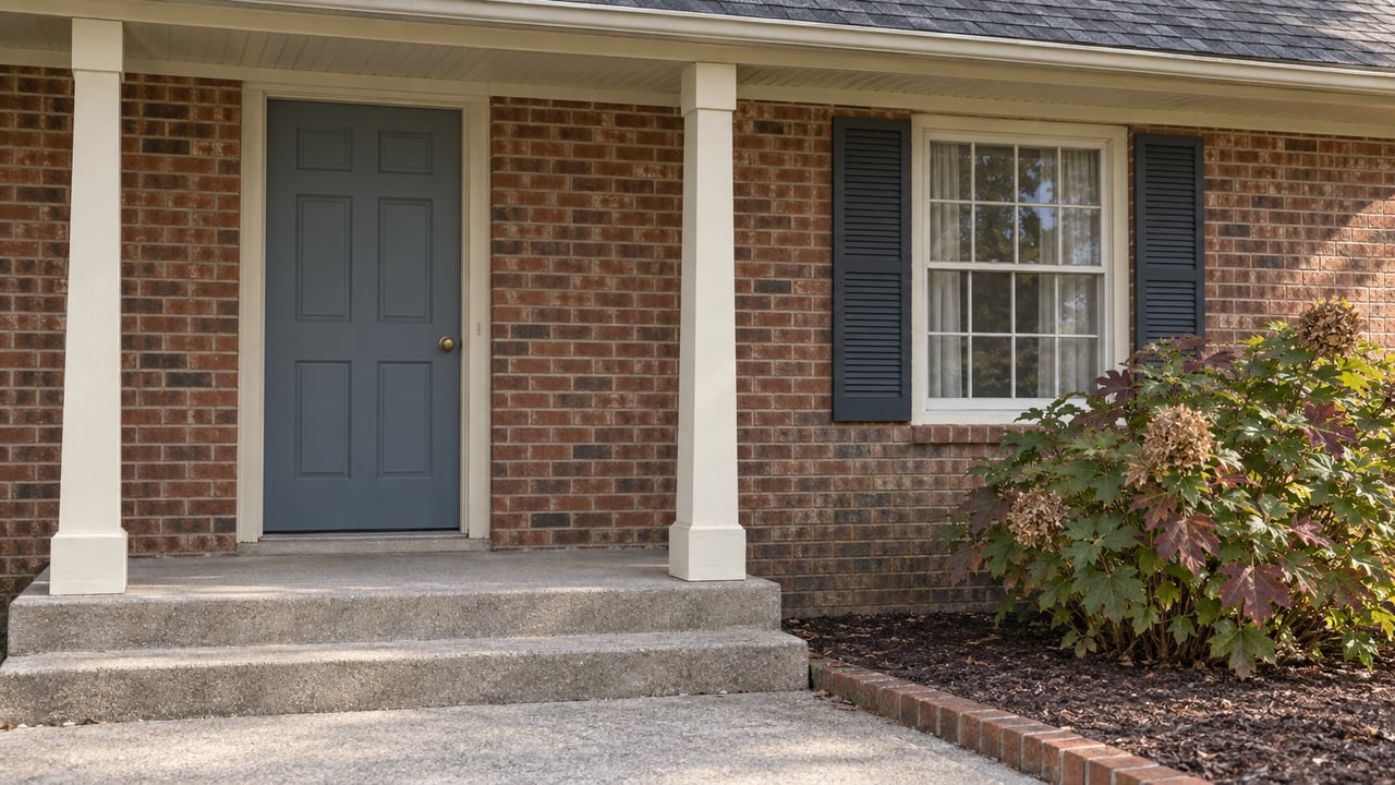 Close exterior of a red-brown brick home with a shaded blue-gray entry door, paired window shutters and an oakleaf hydrangea beside the concrete porch.