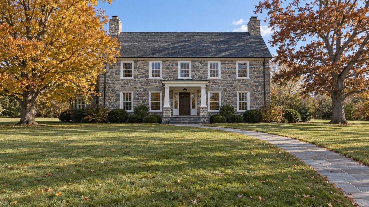 Traditional stone home with a white-columned entrance, broad autumn lawn, and mature amber and russet trees.