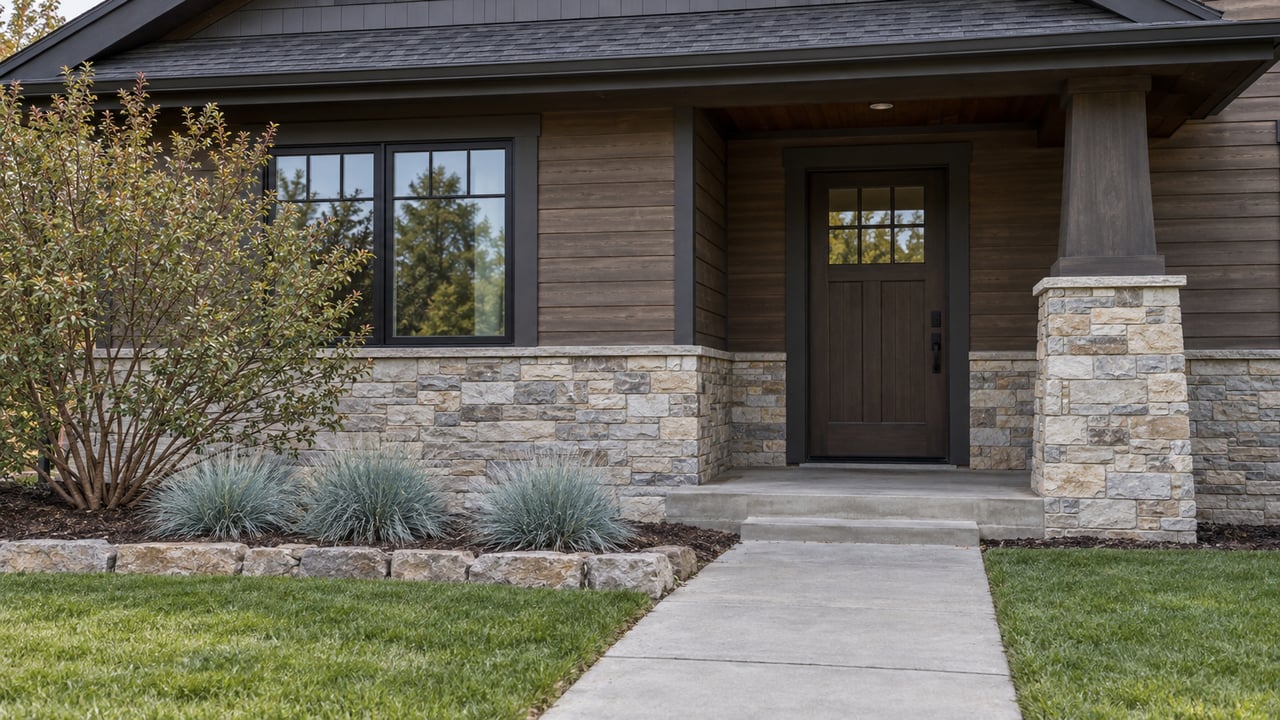 Suburban home with a concrete front walk, stone porch pier, walnut-brown siding, and pruned shrub.
