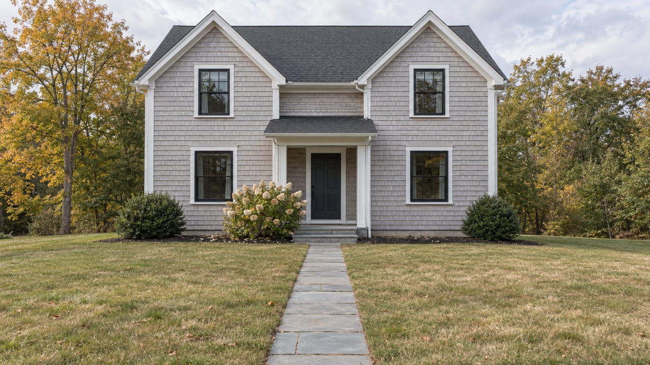 Two-story gray clapboard house beyond a broad, muted olive lawn, with a bluestone walk and drying hydrangea.