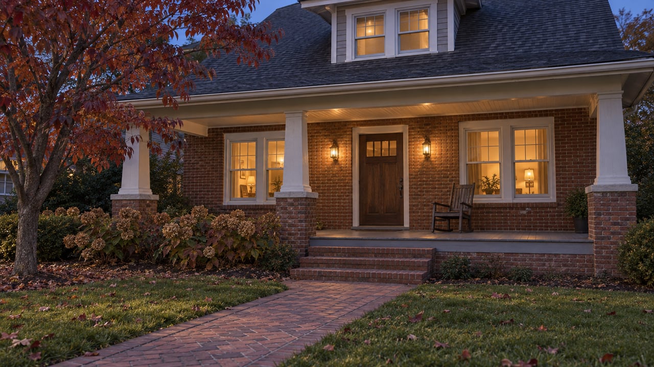 A brick character home at dusk with warm porch lights, a diagonal brick walk and autumn dogwood foliage.