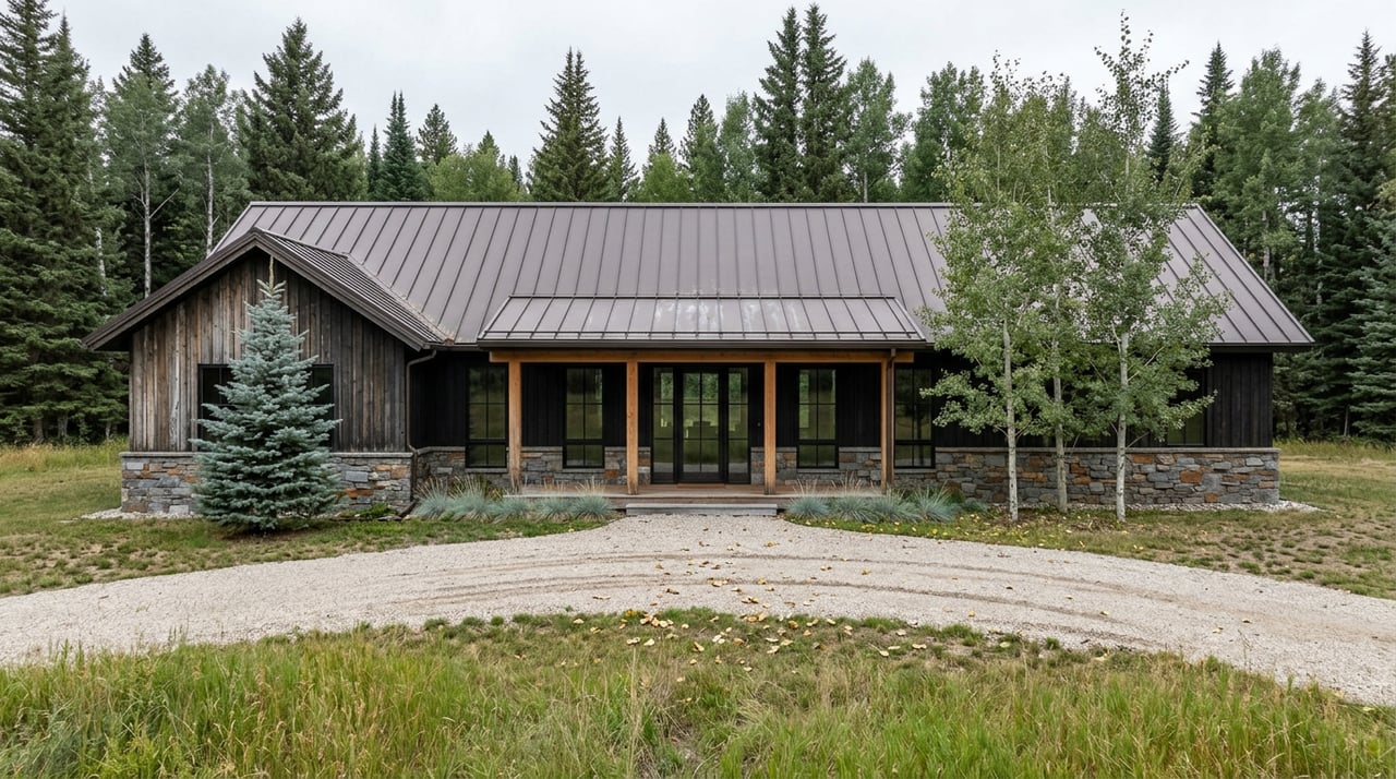 Mountain-modern home with charred cedar, stone facade, timber porch, gravel drive, and aspen-lined meadow.