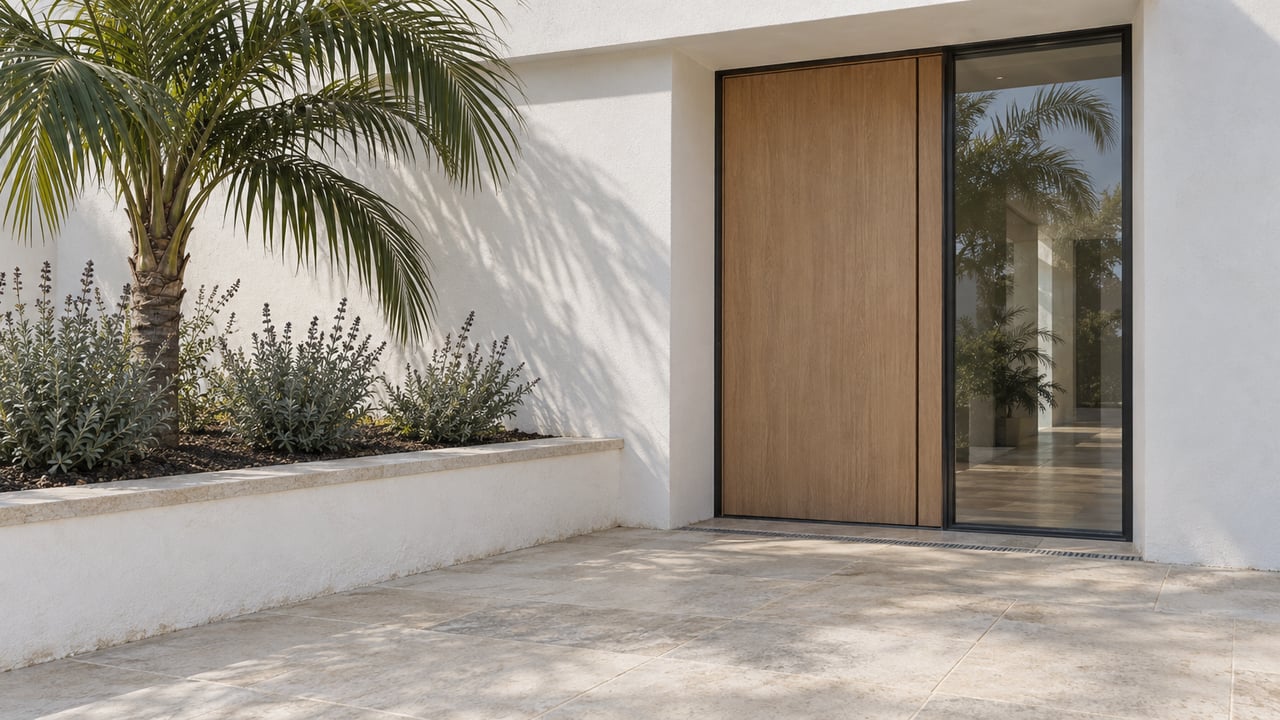White stucco home entry with a pale oak door, tall glass pane, limestone terrace, and a raised planter with a kentia palm and Cleveland sage.
