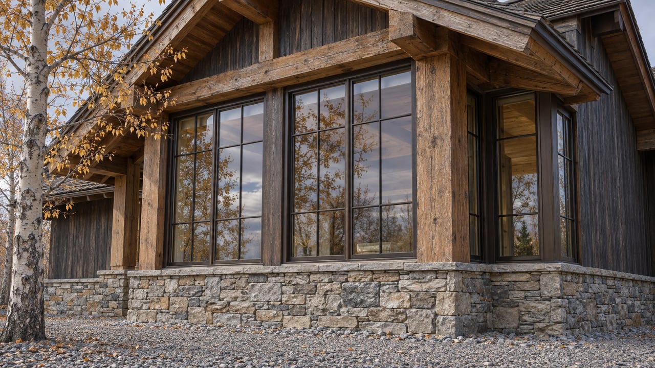 Close view of a timber-and-stone home's glazed corner beneath deep eaves, with an autumn aspen beside the gravel approach.