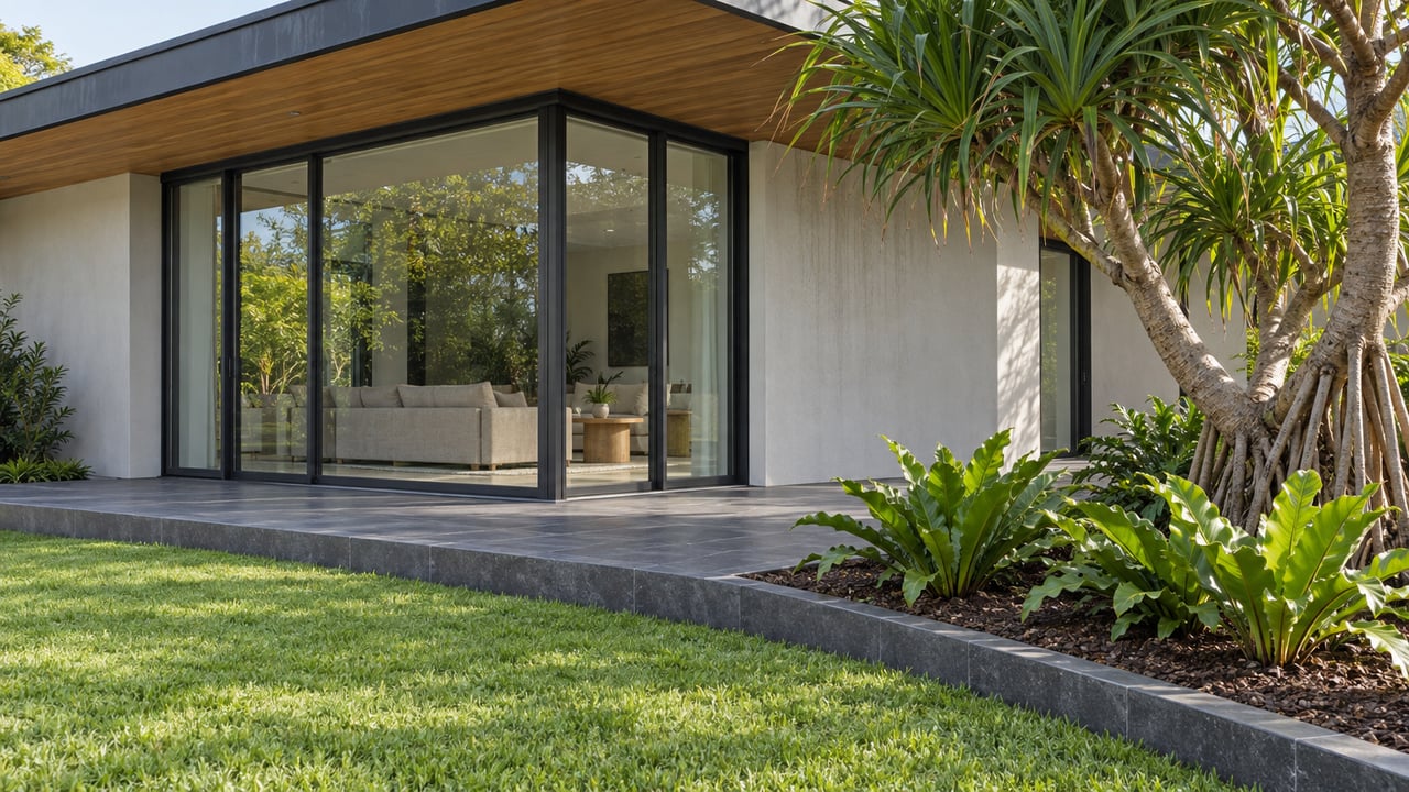 Low garden view of a contemporary home with pale walls, closed glass doors, basalt terrace, and a sculptural hala tree.