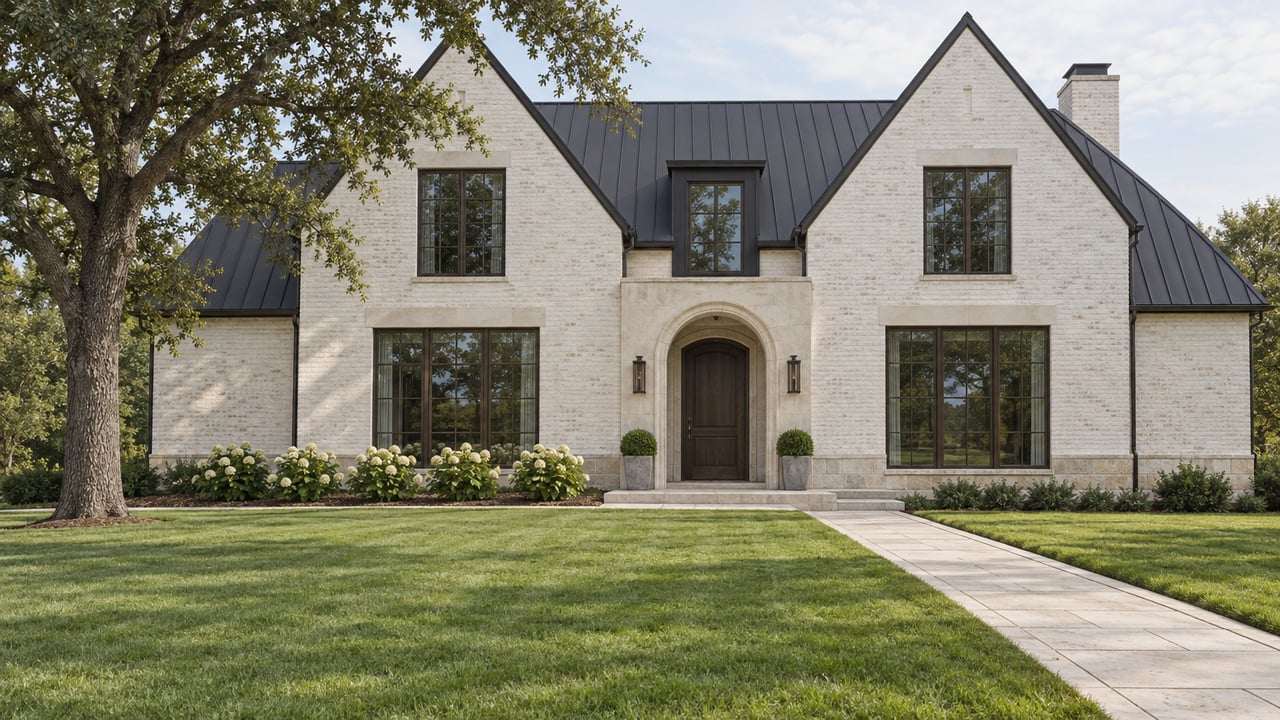 A broad lawn and limestone approach lead to a white brick residence with steep charcoal roofs, bronze-framed windows, and a mature live oak.