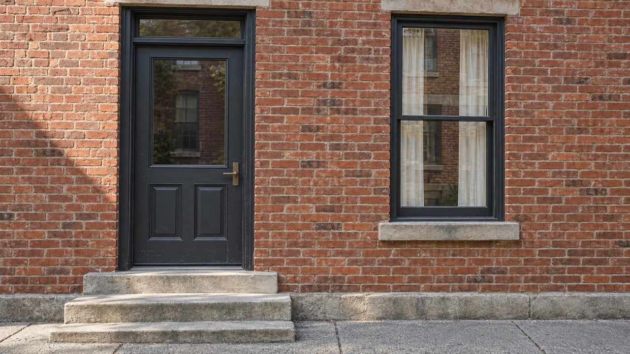 Red brick home entrance with a charcoal timber door, tall sash window, and worn limestone steps in afternoon light.
