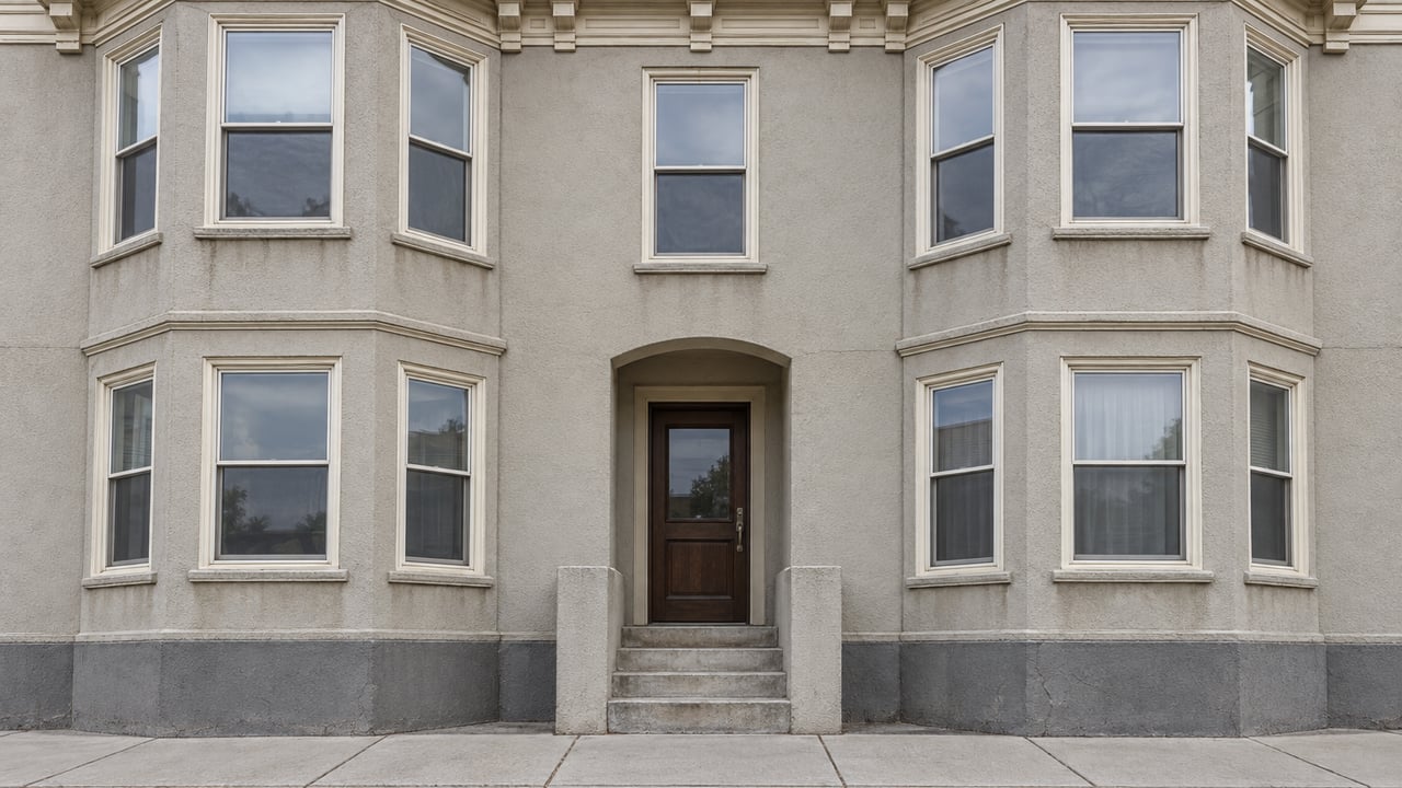 Gray stucco building with white-trimmed bay windows and a recessed central entrance.