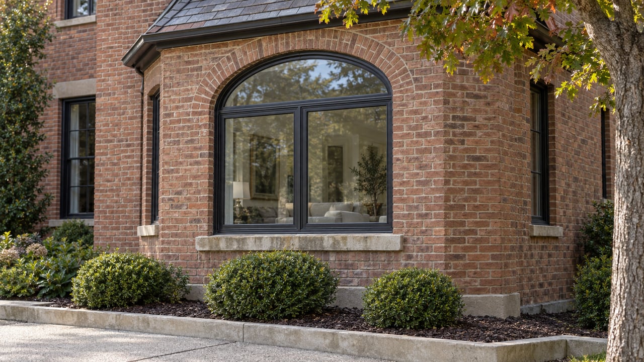 Arched black-framed window in a weathered brick bay above rounded boxwood shrubs and a limestone-edged garden bed.