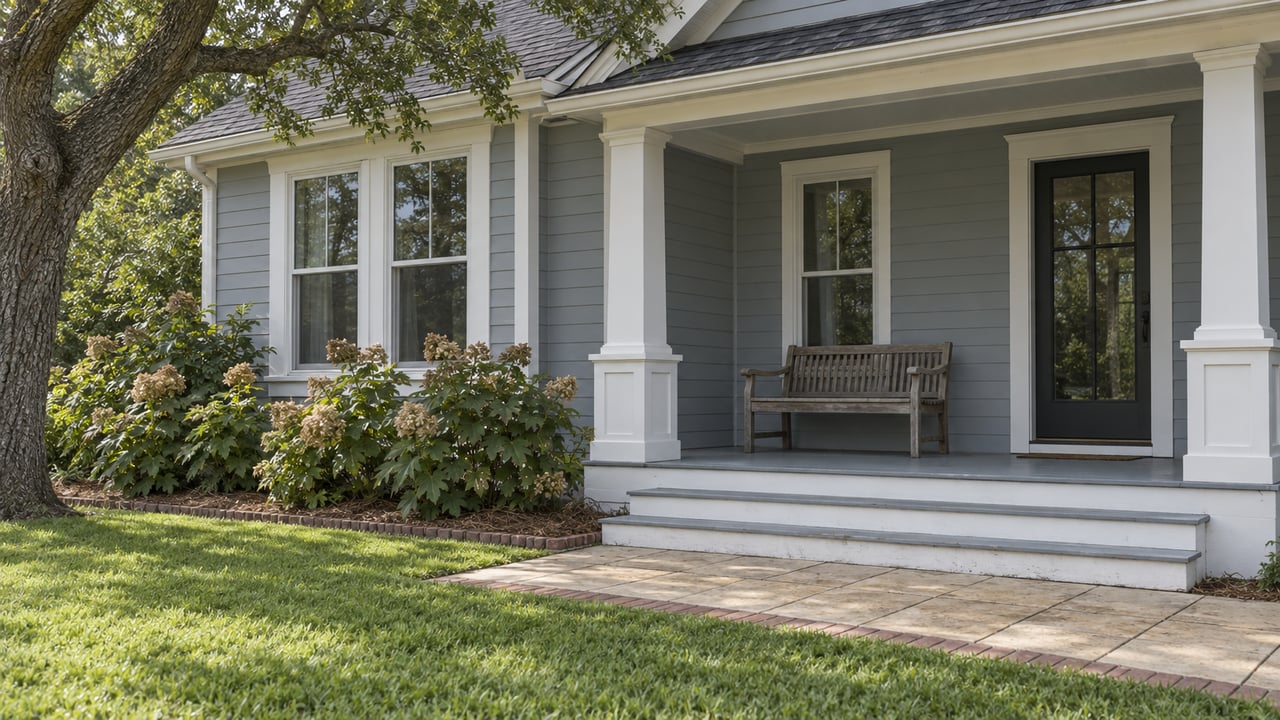 Gray-blue clapboard home with a raised white-trimmed porch, teak bench, brick-edged paver approach and mature live oak beside a deep lawn.