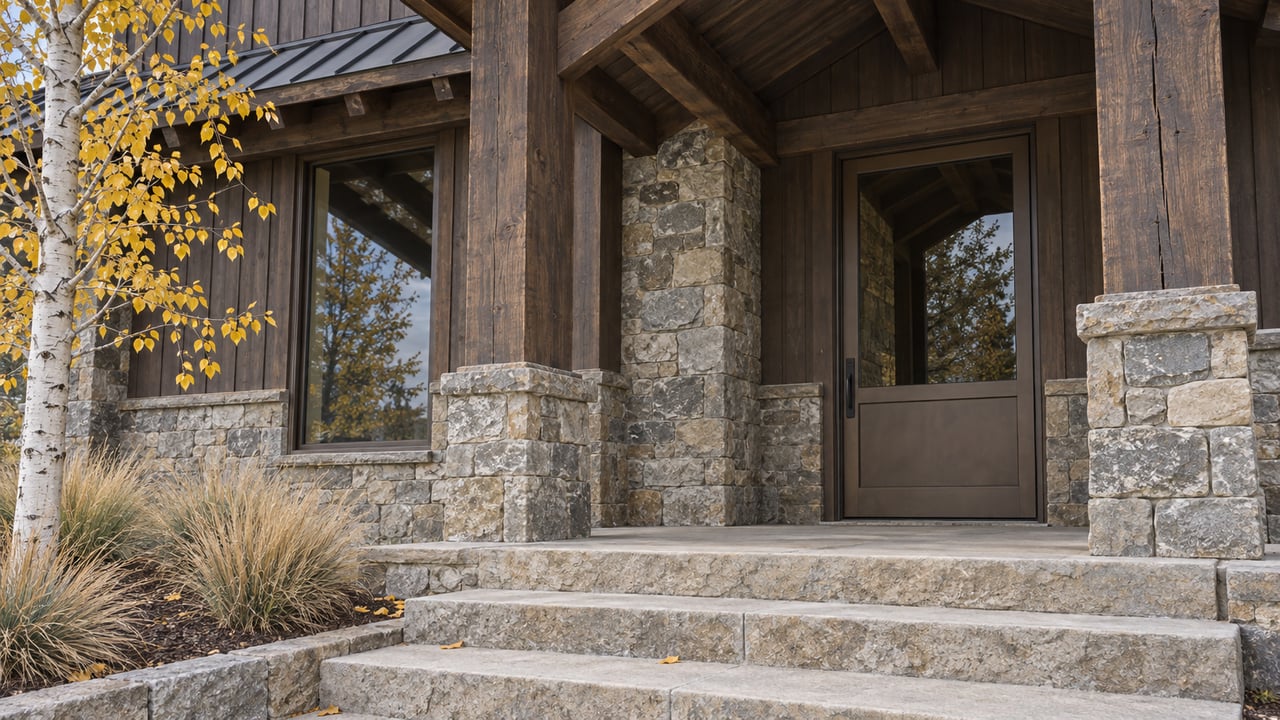 A recessed glass entry beneath a timber gable, with textured stone steps and a yellow-leaved aspen beside the approach.