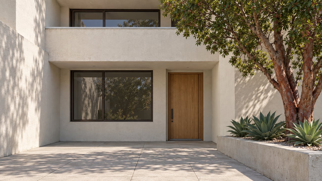 Sunlit ivory stucco townhouse entry beneath a recessed balcony, with bronze-framed glazing and a raised planter holding a strawberry tree and three agaves.