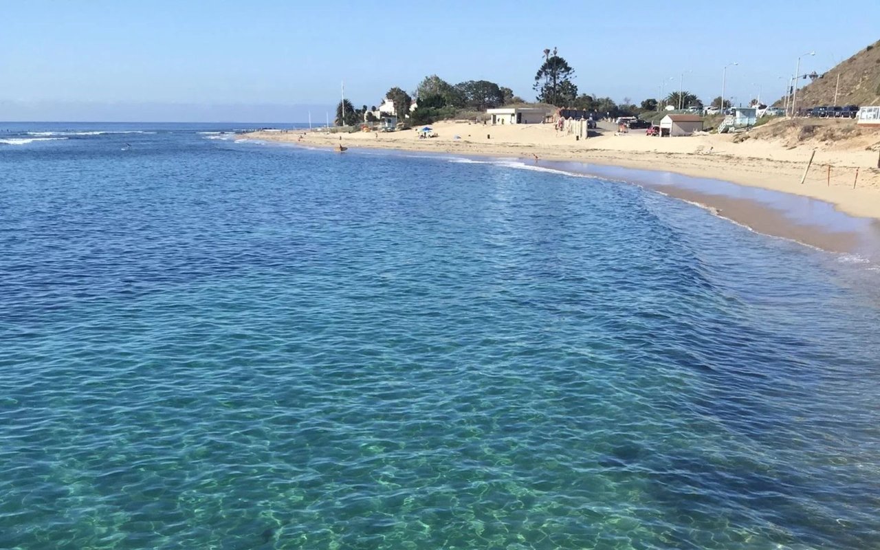 Clear turquoise water meets a sandy beach lined with low buildings and trees.