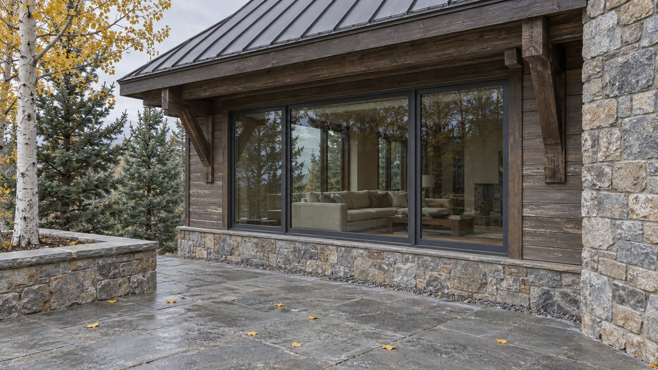 Timber and stone residence with broad enclosed windows, a gray stone terrace and a yellow-leaved aspen in late autumn.