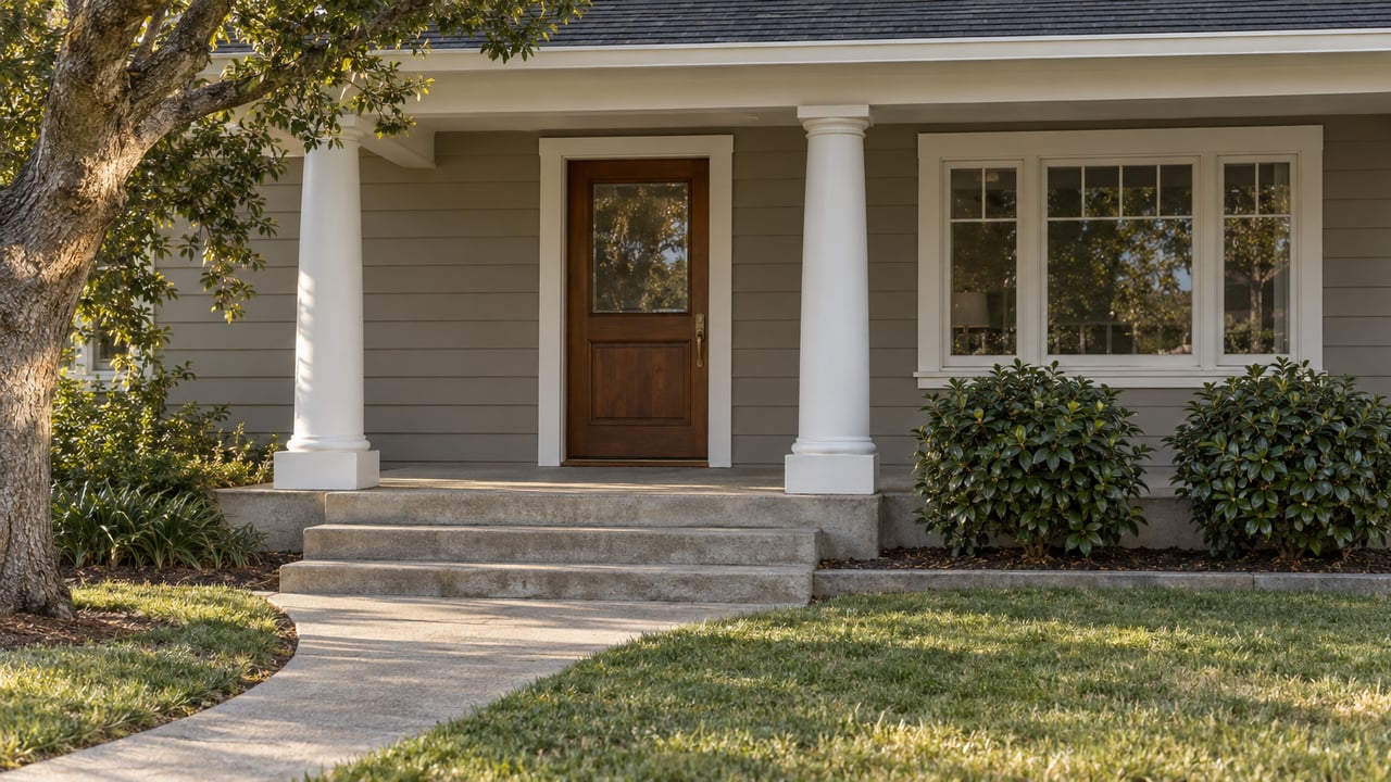 Covered porch with white columns, a walnut front door, concrete steps, and a lawn edged with camellias beneath a mature oak.