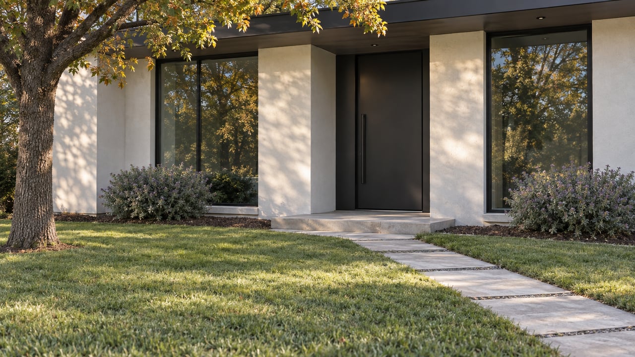 Contemporary stucco house with a recessed dark door, diagonal stone path, broad lawn, and mature tree.