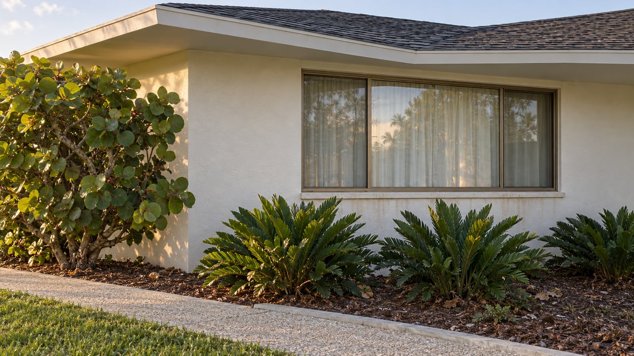 Off-white stucco house corner with a wide curtained window, sea-grape plant, and compact cycads beside a narrow path.