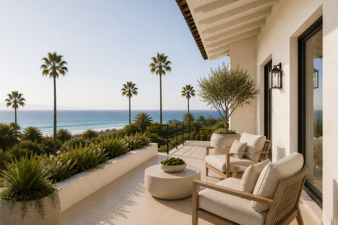 luxury home patio with palm trees and ocean view