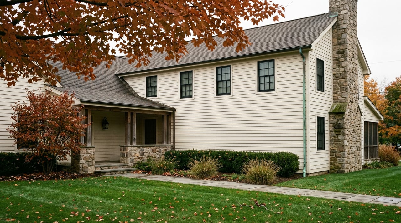 Cream two-story home with fieldstone porch and chimney, bluestone walk, and orange-red maple canopy.